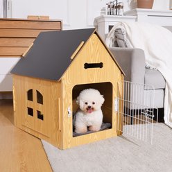 RYPetmia Indoor Wooden Dog & Cat House with Bed, Light Wood, Medium