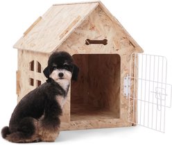 RYPetmia Indoor Wooden Dog & Cat House with Bed, Light Wood, Small