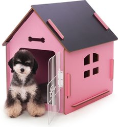 RYPetmia Indoor Wooden Dog & Cat House with Bed, Pink, Small