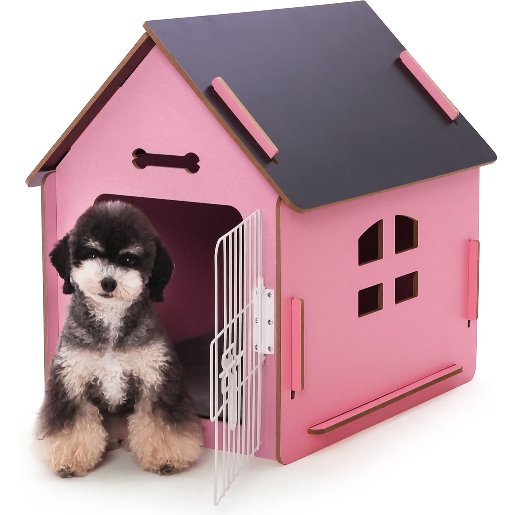 RYPetmia Indoor Wooden Dog & Cat House with Bed, Pink, Small