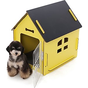 RYPetmia Indoor Wooden Dog & Cat House with Bed, Yellow, Small