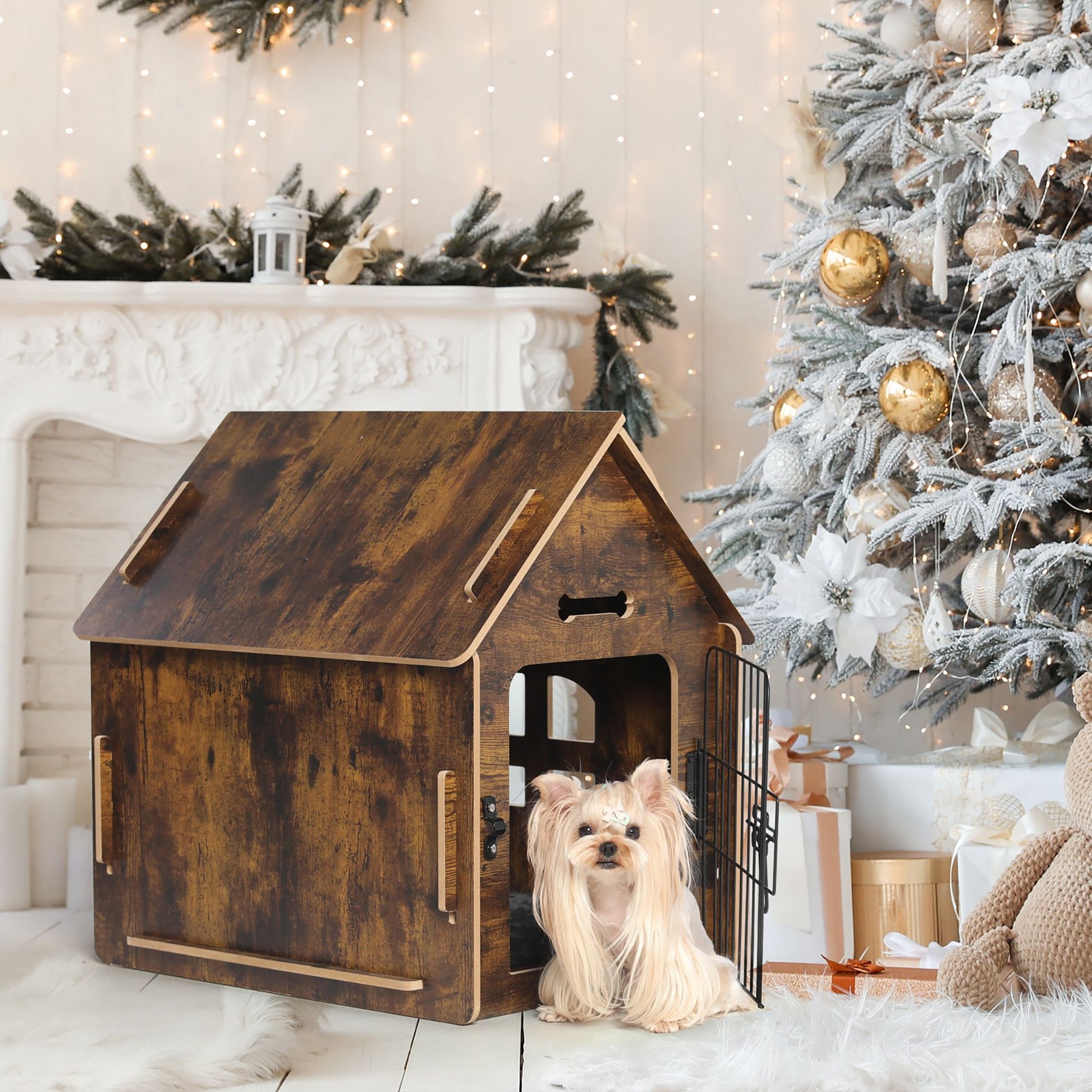 RYPetmia Wooden Indoor & Outdoor Dog House, Small/Medium, Brown