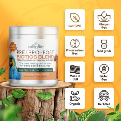 Show full view: Sacred Valley Pets Organic Pre+Pro+Post Biotics Blend Parrot Powder Supplement, 1.06-oz jar slide 2 of 7