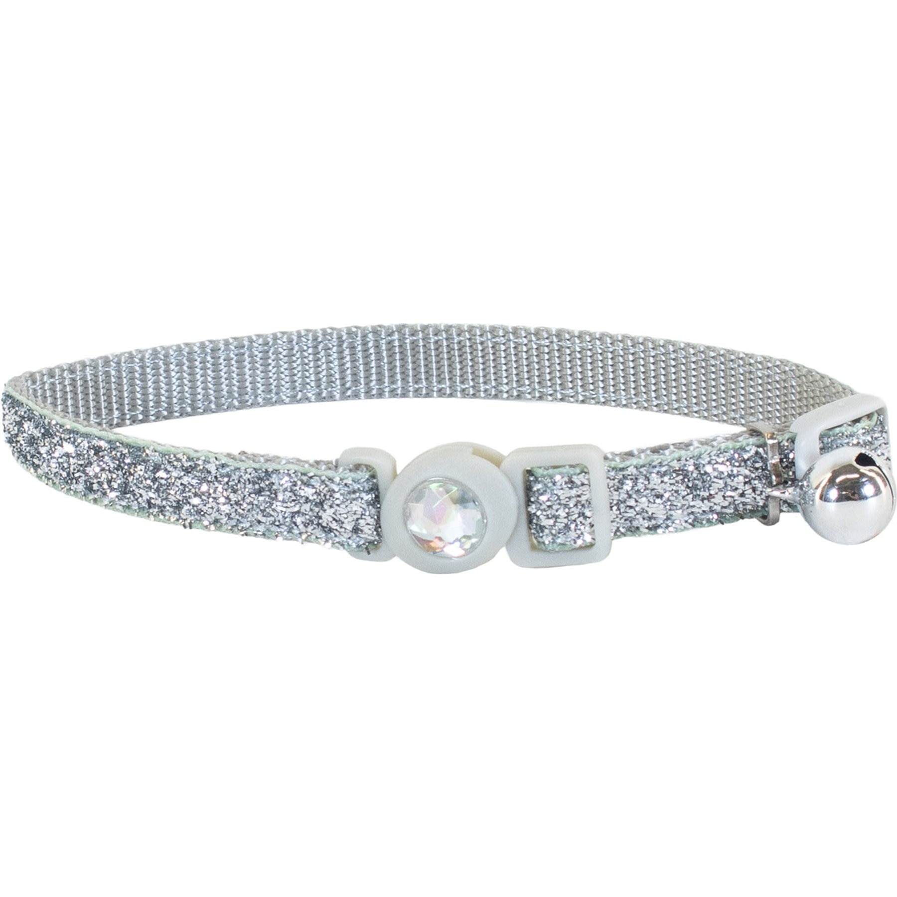 Safe Cat Jeweled Glitter Polyester Breakaway Cat Collar with Bell, Silver, 8 to 12-in neck, 3/8-in wide