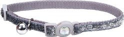 Safe Cat Jeweled Glitter Polyester Breakaway Cat Collar with Bell, Silver, 8 to 12-in neck, 3/8-in wide