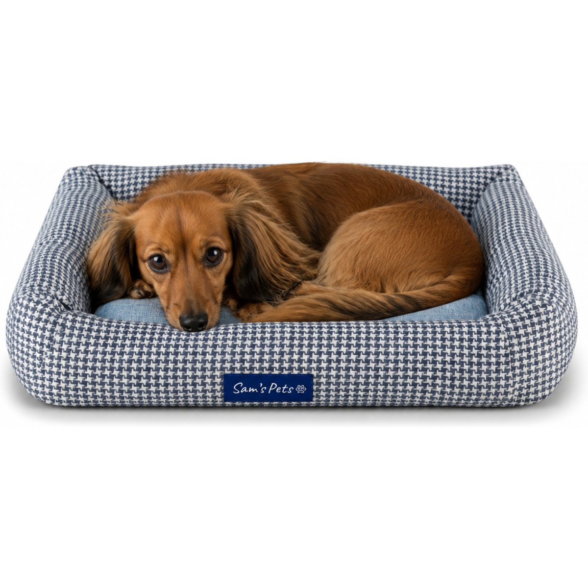 Sam's Pets Arlo Bolster Plaid Dog Bed, Blue, Medium
