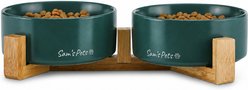 Sam's Pets Coco Single Ceramic Dog Bowl with Wood Stand, Green, Double