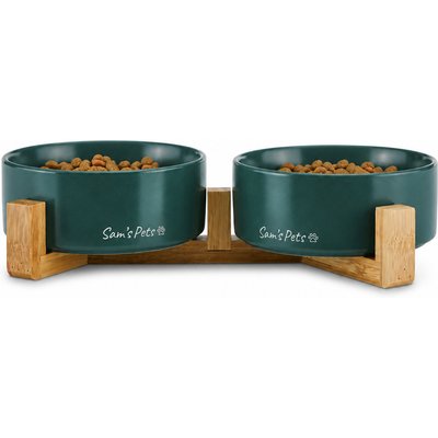 Sam's Pets Sam's Pets Coco Single Ceramic Dog Bowl with Wood Stand, Green, Double