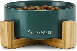 Sam's Pets Coco Single Ceramic Dog Bowl with Wood Stand, Green, Single
