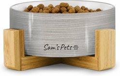 Sam's Pets Coco Single Ceramic Dog Bowl with Wood Stand, Grey, Single
