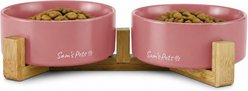 Sam's Pets Coco Single Ceramic Dog Bowl with Wood Stand, Pink, Double