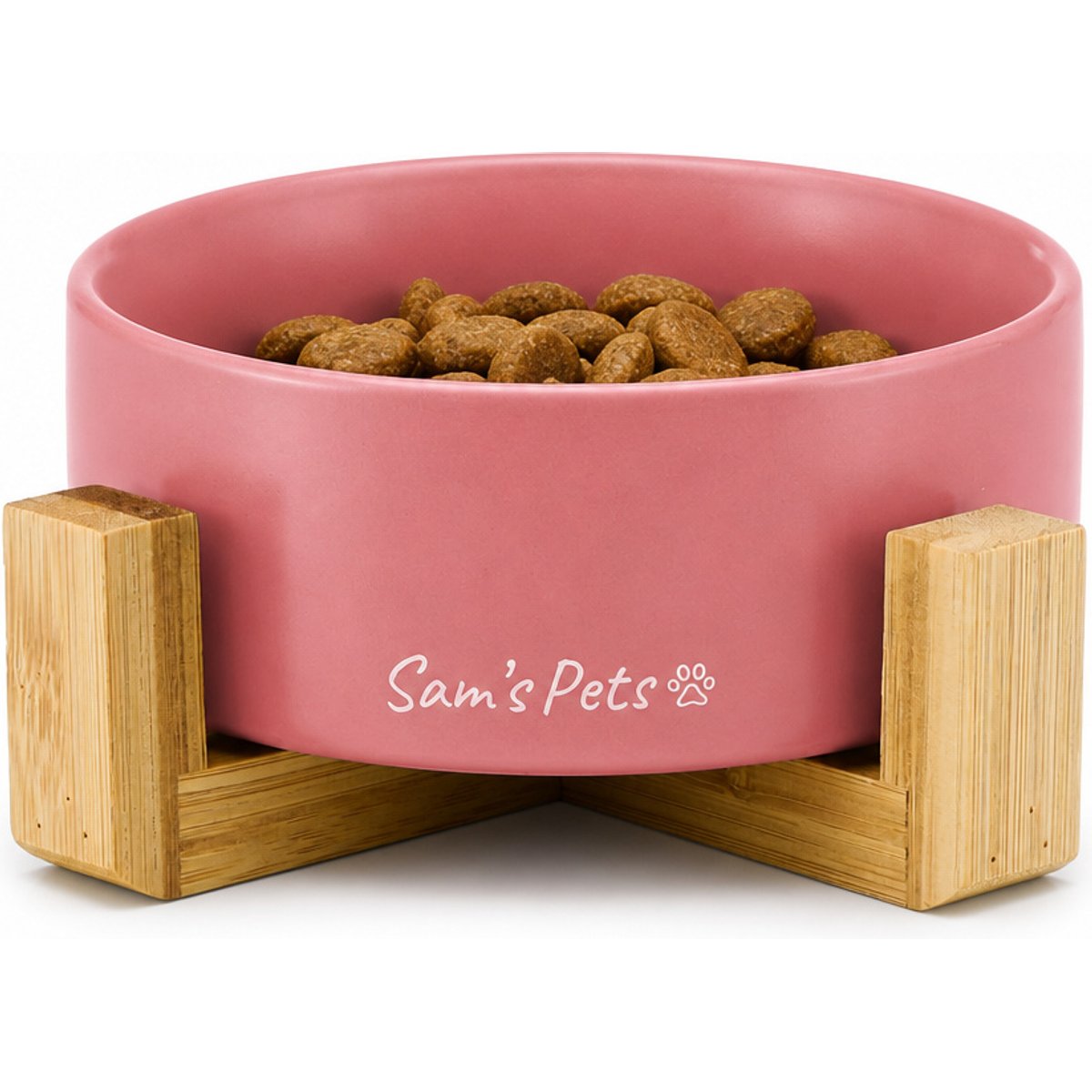 Sam's Pets Coco Single Ceramic Dog Bowl with Wood Stand, Pink, Single