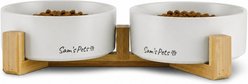Sam's Pets Coco Single Ceramic Dog Bowl with Wood Stand, White, Double