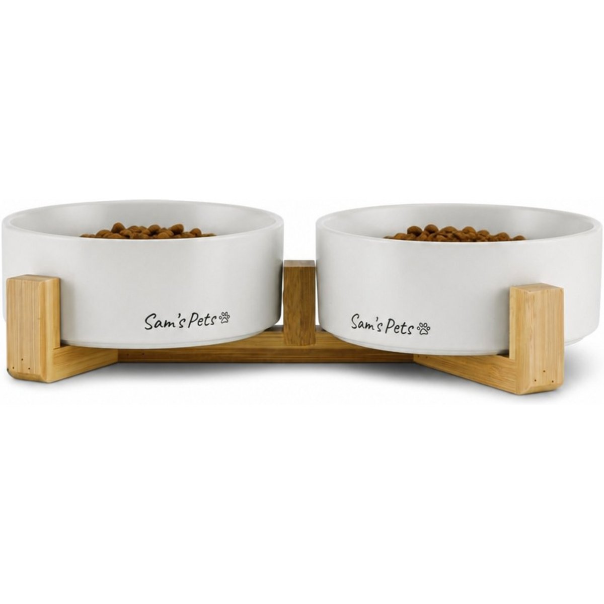 Sam's Pets Coco Single Ceramic Dog Bowl with Wood Stand, White, Double