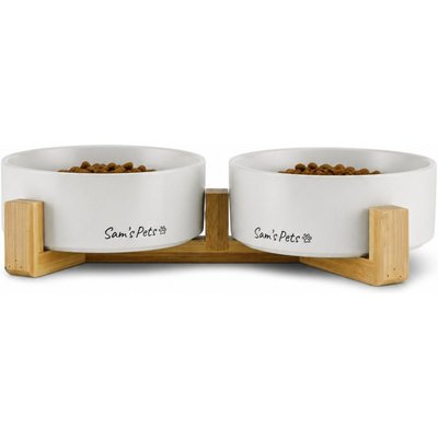 Sam's Pets Sam's Pets Coco Single Ceramic Dog Bowl with Wood Stand, White, Double