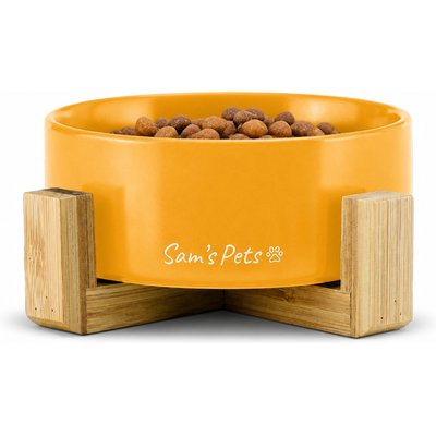 Sam's Pets Sam's Pets Coco Single Ceramic Dog Bowl with Wood Stand, Yellow, Single