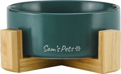 Sam's Pets Coco Single Ceramic Dog Bowl with Wood Stand, Green, Single