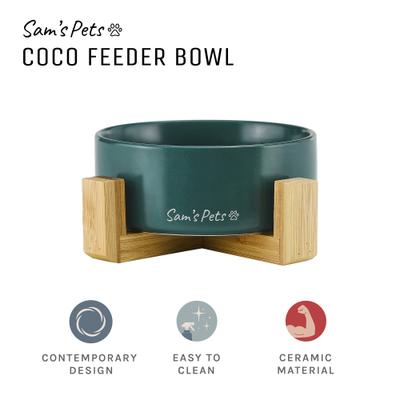 Show full view: Sam's Pets Coco Single Ceramic Dog Bowl with Wood Stand, Green, Single slide 5 of 8