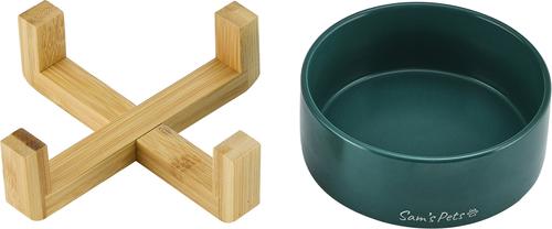 Show full view: Sam's Pets Coco Single Ceramic Dog Bowl with Wood Stand, Green, Single slide 3 of 8