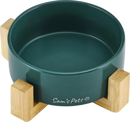 Show full view: Sam's Pets Coco Single Ceramic Dog Bowl with Wood Stand, Green, Single slide 2 of 8
