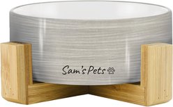 Sam's Pets Coco Single Ceramic Dog Bowl with Wood Stand, Grey, Single