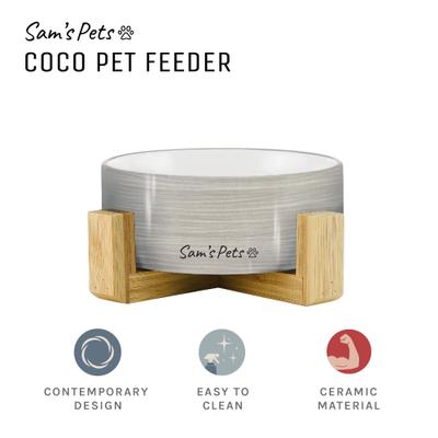 Show full view: Sam's Pets Coco Single Ceramic Dog Bowl with Wood Stand, Grey, Single slide 3 of 7