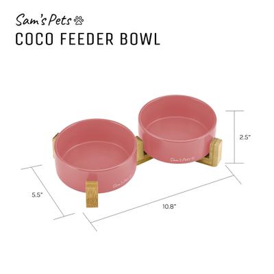 Show full view: Sam's Pets Coco Single Ceramic Dog Bowl with Wood Stand, Pink, Double slide 8 of 8