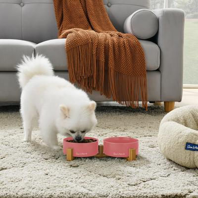 Show full view: Sam's Pets Coco Single Ceramic Dog Bowl with Wood Stand, Pink, Double slide 4 of 8