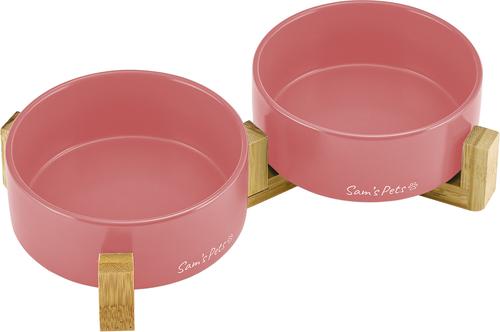 Show full view: Sam's Pets Coco Single Ceramic Dog Bowl with Wood Stand, Pink, Double slide 2 of 8