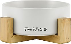 Sam's Pets Coco Single Ceramic Dog Bowl with Wood Stand, White, Single