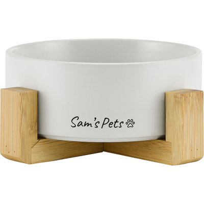 Sam's Pets Sam's Pets Coco Single Ceramic Dog Bowl with Wood Stand, White, Single