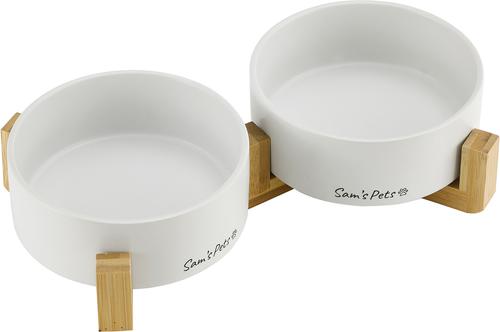 Show full view: Sam's Pets Coco Single Ceramic Dog Bowl with Wood Stand, White, Double slide 2 of 8