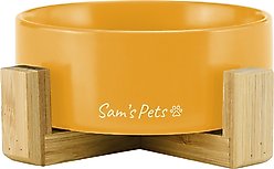 Sam's Pets Coco Single Ceramic Dog Bowl with Wood Stand, Yellow, Single