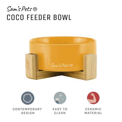 Show full view: Sam's Pets Coco Single Ceramic Dog Bowl with Wood Stand, Yellow, Single slide 5 of 8