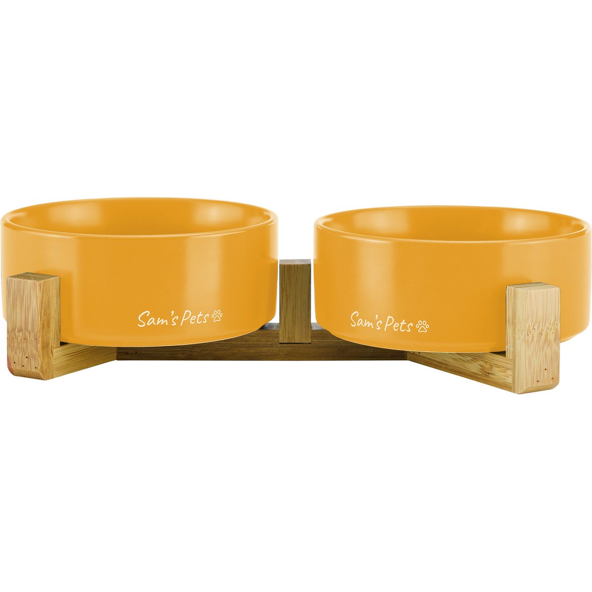 Sam's Pets Coco Single Ceramic Dog Bowl with Wood Stand, Yellow, Double
