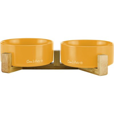 Sam's Pets Sam's Pets Coco Single Ceramic Dog Bowl with Wood Stand, Yellow, Double