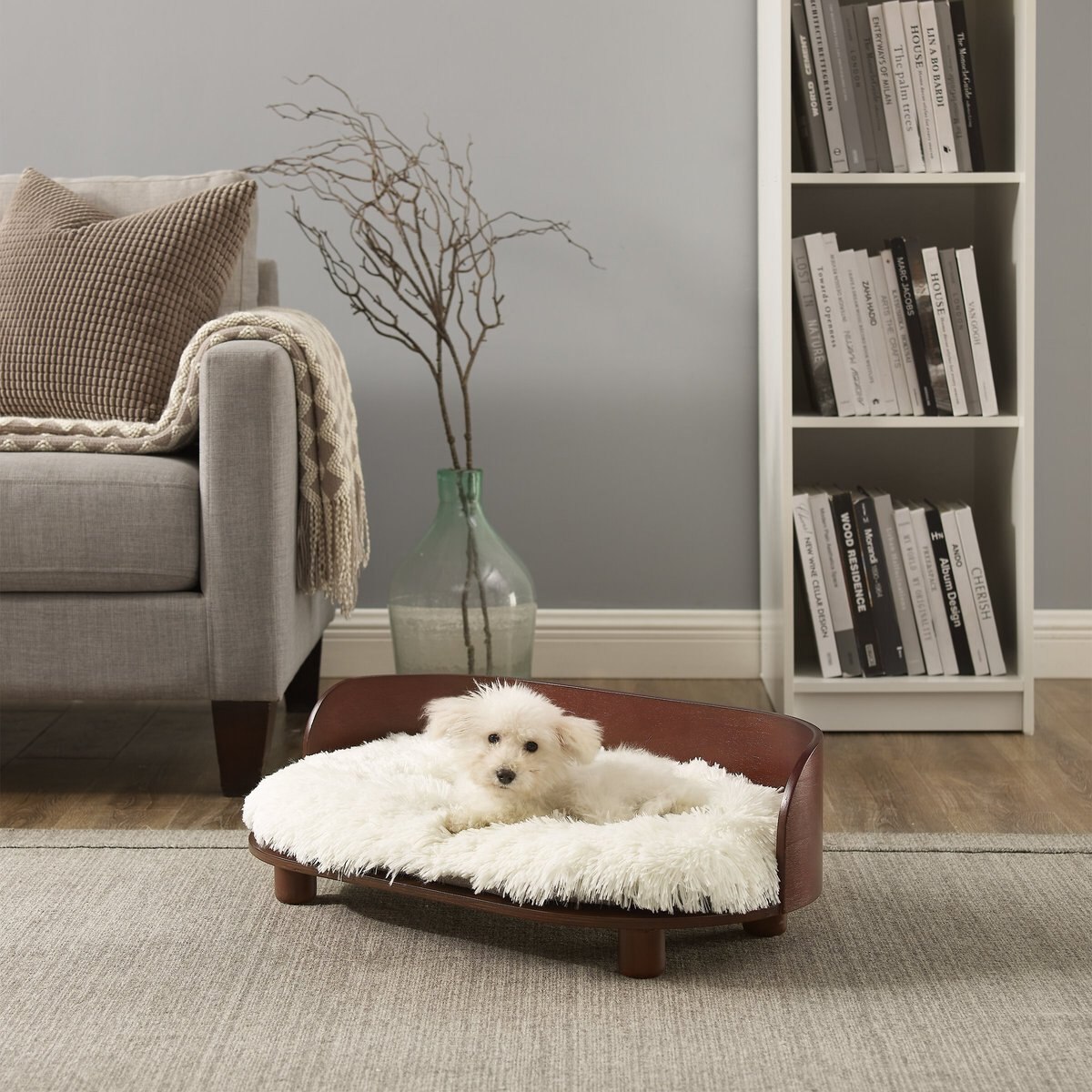 Sam's Pets Kuai Bent Wood Faux Fur Dog Bed, Dark Brown, Medium