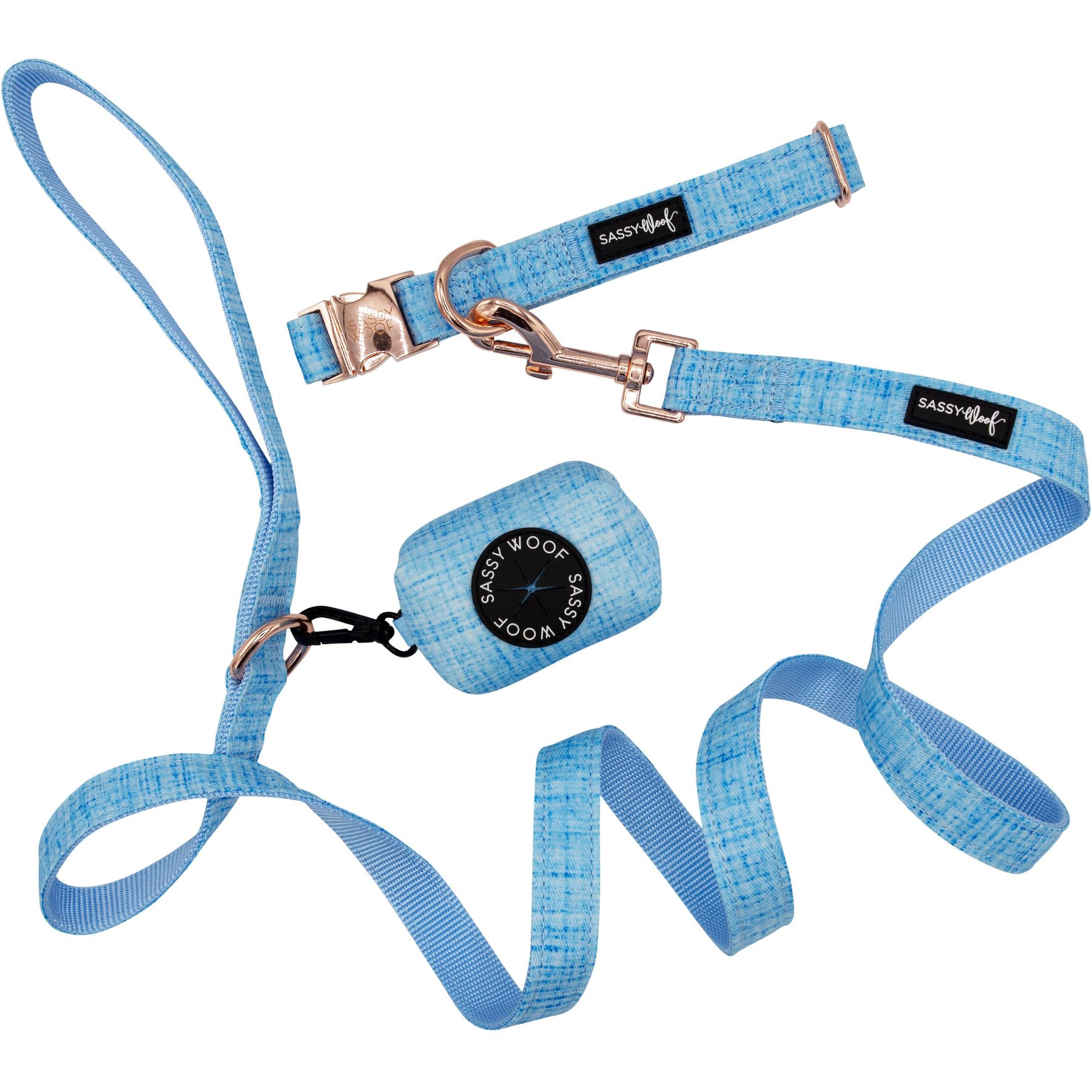 Sassy Woof Dog Waste Bag Holder, Collar, & Leash, 3 count, Blue, Medium