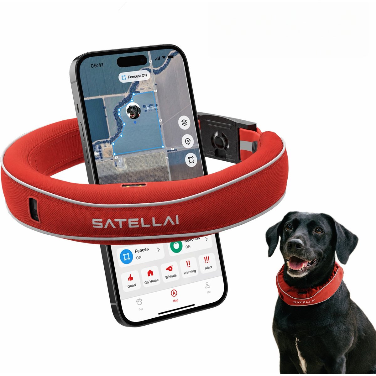 SATELLAI Wireless Fence System & GPS Tracker Two-Way Audio, Escape Alerts, Health Monitoring Waterproof Training Dog Collar, Candy Apple Red