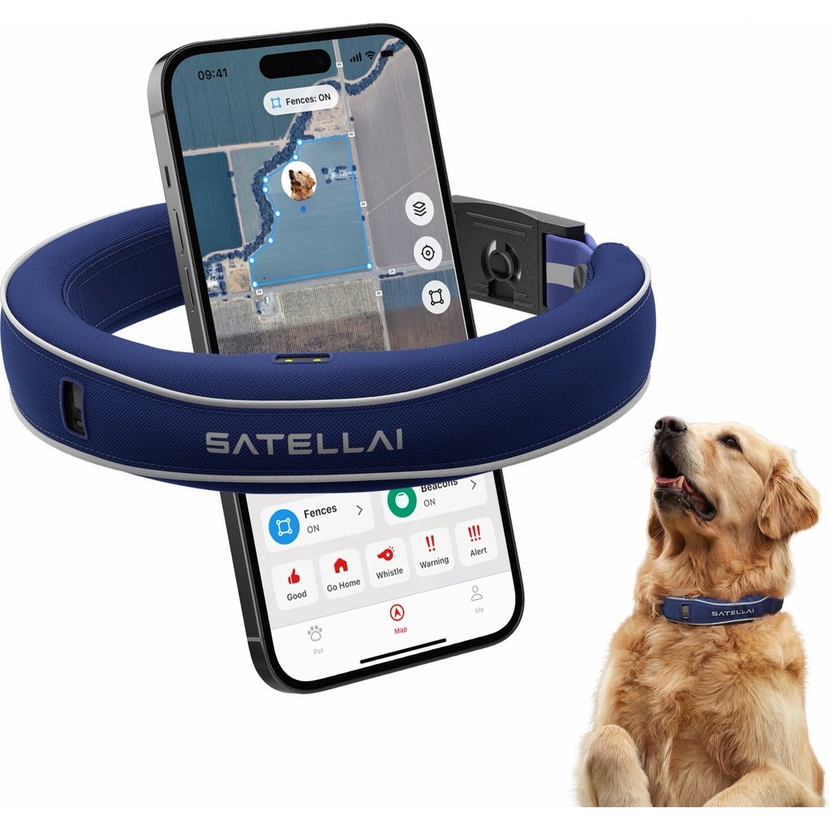 SATELLAI Wireless Fence System & GPS Tracker Two-Way Audio, Escape Alerts, Health Monitoring Waterproof Training Dog Collar, Cobalt Blue