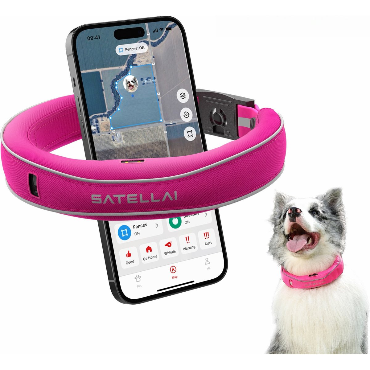 SATELLAI Wireless Fence System & GPS Tracker Two-Way Audio, Escape Alerts, Health Monitoring Waterproof Training Dog Collar, Shocking Pink