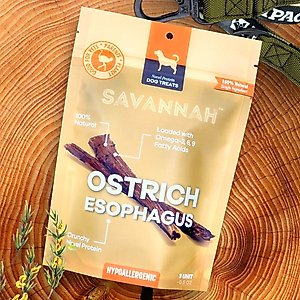 Savannah Pet Food Crunchy Ostrich Esophagus Cuts Dog Treats, 3 count