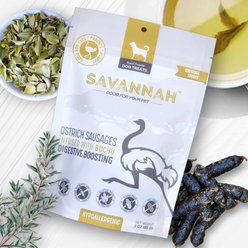 Savannah Pet Food Hypoallergenic Digestive Boosting Buchu Ostrich Sausages Dog Treats, 3-oz pouch