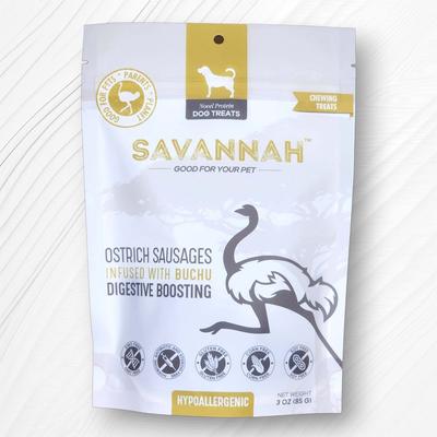 Show full view: Savannah Pet Food Hypoallergenic Digestive Boosting Buchu Ostrich Sausages Dog Treats, 3-oz pouch slide 4 of 10