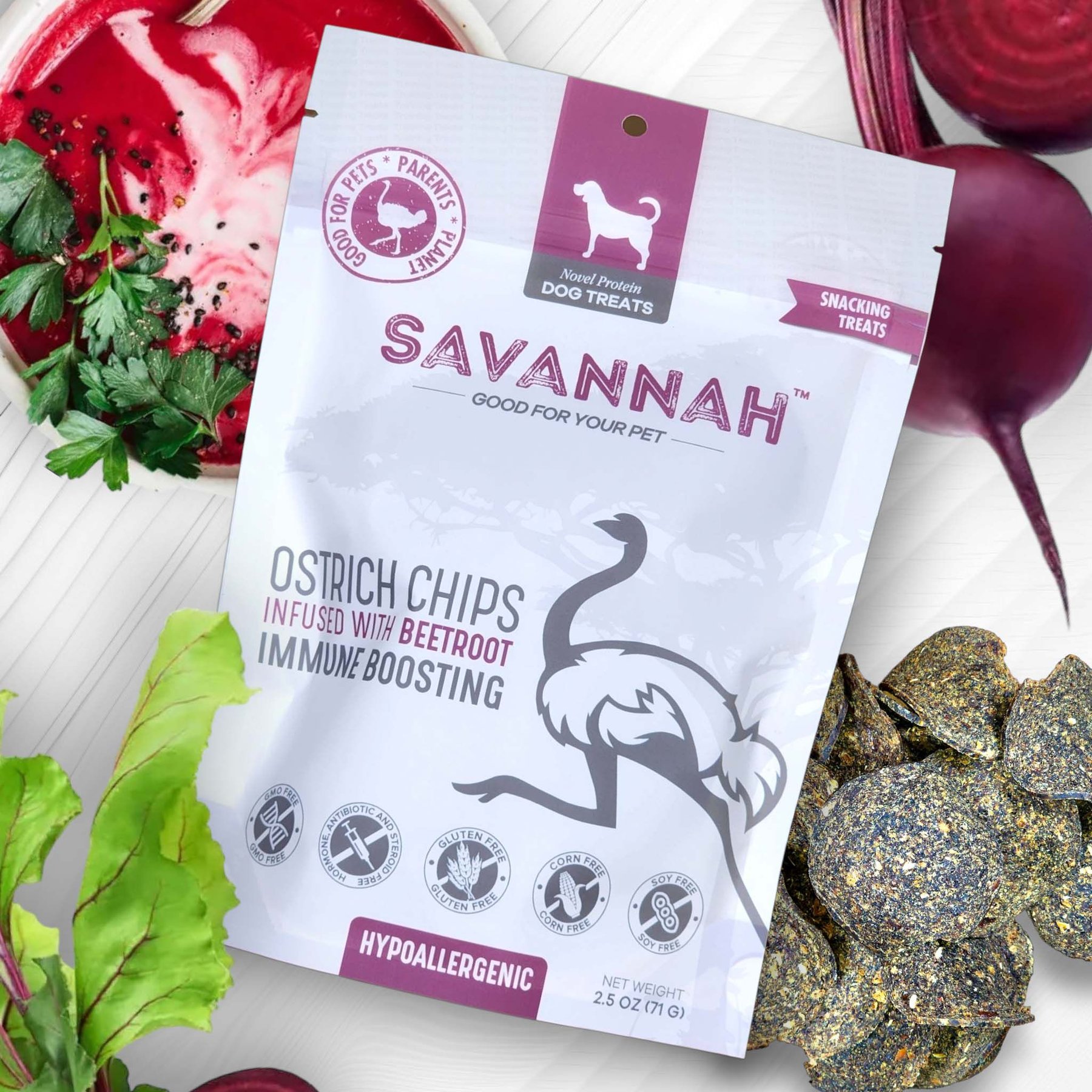 Savannah Pet Food Hypoallergenic Immune Boosting Beetroot Ostrich Chips Dog Treats, 2.5-oz pouch