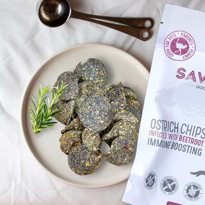 Show full view: Savannah Pet Food Hypoallergenic Immune Boosting Beetroot Ostrich Chips Dog Treats, 2.5-oz pouch slide 3 of 10
