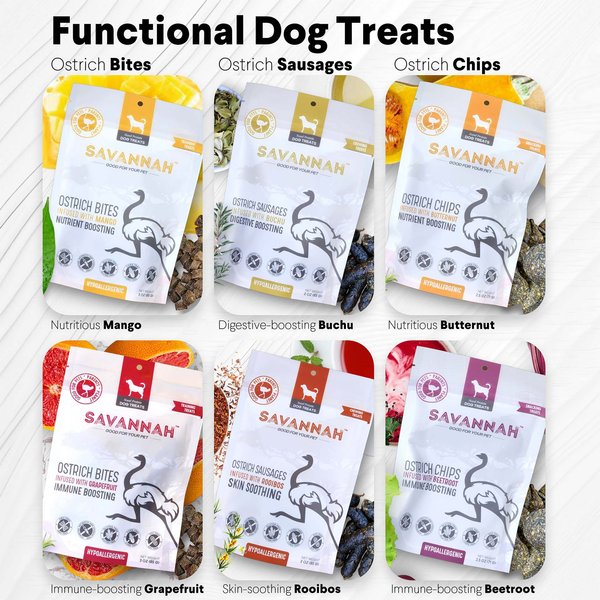 Savannah Pet Food Hypoallergenic Immune Boosting Beetroot Ostrich Chips Dog Treats, 2.5-oz pouch