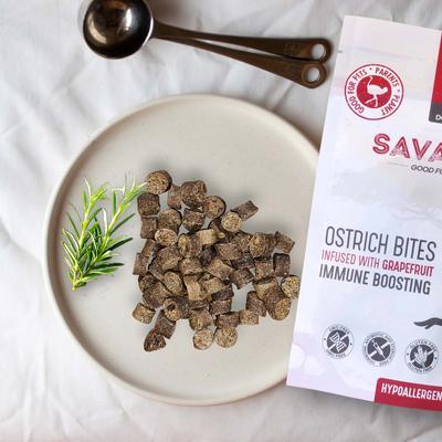 Show full view: Savannah Pet Food Hypoallergenic Immune Boosting Grapefruit Ostrich Bites Dog Treats, 3-oz pouch slide 3 of 10