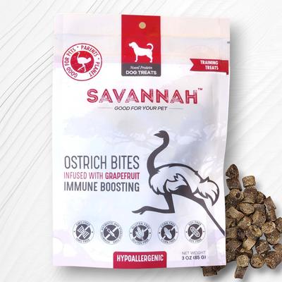 Show full view: Savannah Pet Food Hypoallergenic Immune Boosting Grapefruit Ostrich Bites Dog Treats, 3-oz pouch slide 4 of 10