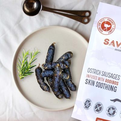 Show full view: Savannah Pet Food Hypoallergenic Skin Soothing Rooibos Ostrich Sausages Dog Treats, 3-oz pouch slide 3 of 11